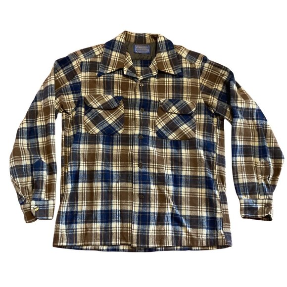 Vtg Pendleton Board Shirt M Virgin Wool Plaid Loop Collar Long Sleeve Shacket - Picture 1 of 4